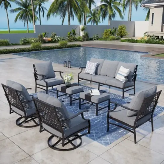 Captiva Designs 7pc Metal Patio Outdoor Conversation Set with Swivel Grid-back Chairs, Ottomans for Garden, Poolside, Backyard image {11}
