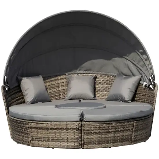 Outsunny 4-piece Cushioned Outdoor Rattan Wicker Round Sunbed or Conversational Sofa Set with Sun Canopy image {9}