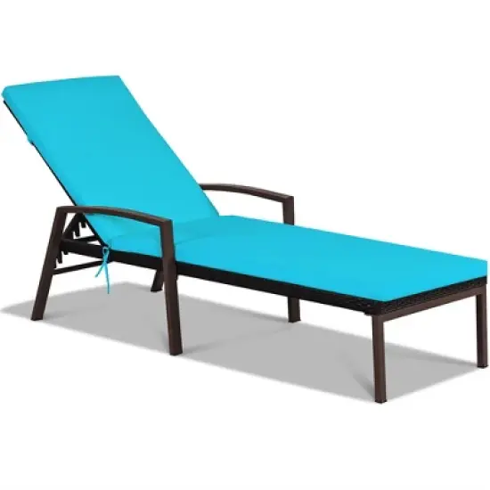 Costway Patio Rattan Lounge Chair Chaise Recliner Back Adjustable w/Cushion Turquoise image {1}