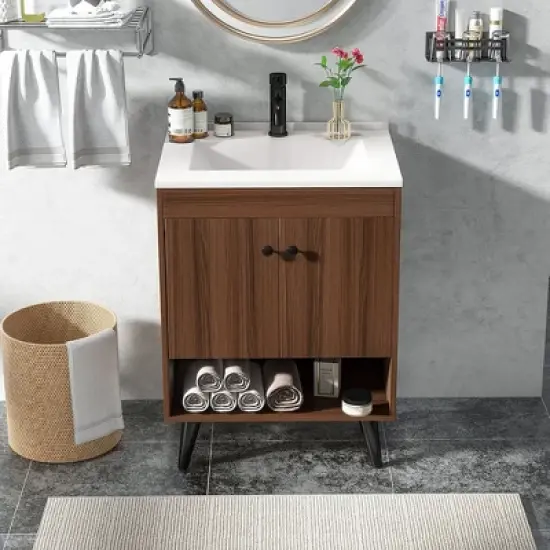 Tangkula 25 Inch Wooden Bathroom Vanity Sink Combo with Open Shelf & Sink & Pop Up Drain image {2}