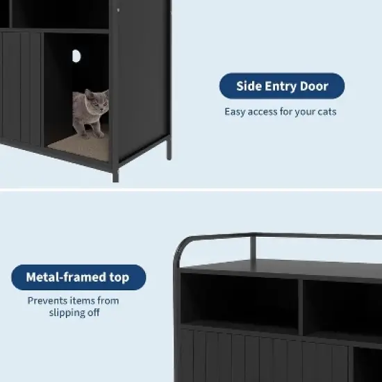 Nasitip Hidden Cat Litter Box Enclosure with Metal Frame & Storage Shelves, Modern Side Table Cat House, White/Black image {4}