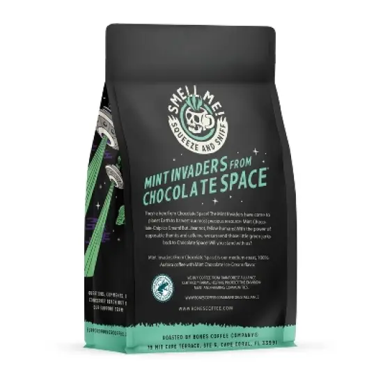 Bones Coffee Company Mint Invaders Ground Coffee Beans Mint Chocolate Flavor 12 oz Medium Roast (Ground) image {1}