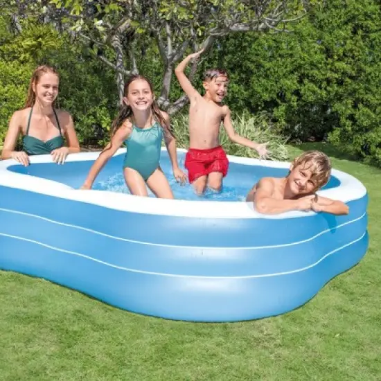 Intex 7.5' x 22" Beach Wave Swim Center Square Outdoor Backyard Inflatable Family Swimming Lounge Pool for Kids and Adults, Blue image {4}