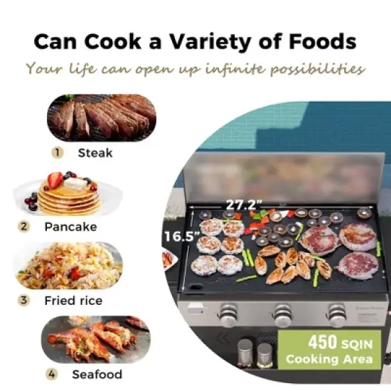 Captiva Designs 27" Flat Top Grill - 3-Burner Propane Griddle with Ceramic Coated Cast Iron, 33,000 BTU for Outdoor Cooking and Barbecues image {5}