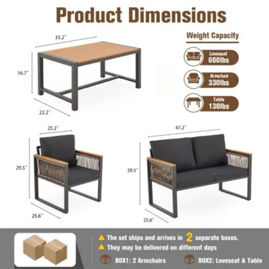 EROMMY 4pcs Modern Metal Patio Furniture Set, All-Weather Outdoor Conversation Set with Removable Washable Cushions & PE Woven Rattan image {1}