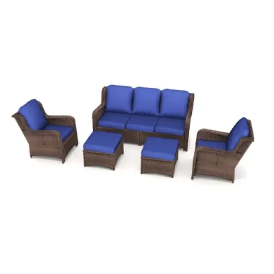 FIONECA 5-Piece Rattan Patio Furniture Set &uml;C Gray Wicker Outdoor Sectional with Navy Blue Cushions, 3-Seat Sofa, 2 Chairs, 2 Ottomans image {7}