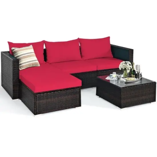 5PCS Patio Rattan Furniture Set Sectional Conversation Sofa w/ Coffee Table Red\ Navy image {2}