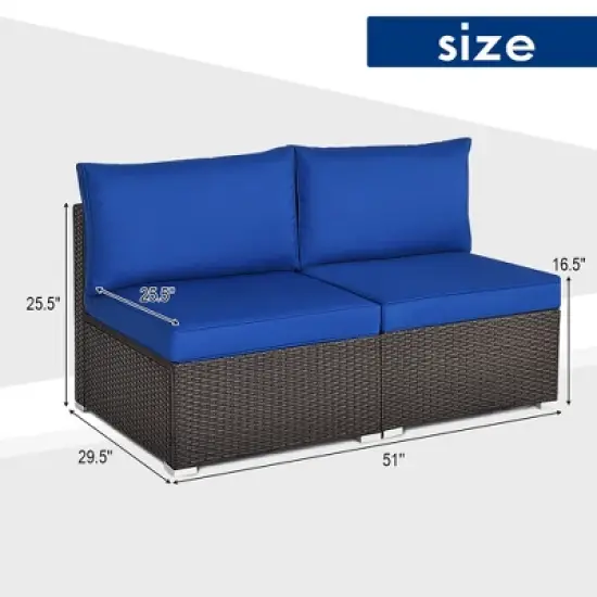 Costway 2PCS Patio Rattan Armless Sofa Sectional Furniture W/Navy Cushion image {3}