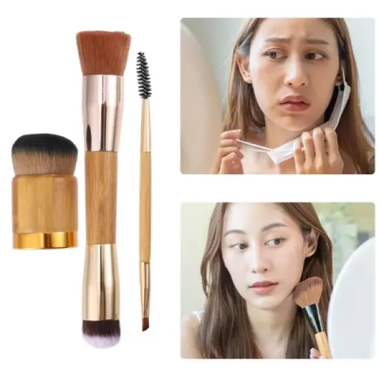 Unique Bargains Makeup Brush Set Foundation Concealer Blush Nylon Bamboo Handle Brown Gold Tone 3 Pcs image {5}