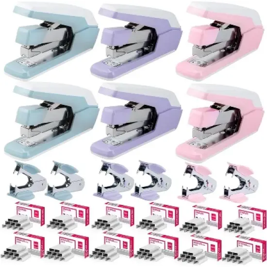 Deli Stapler, 6 Pack, 3 Colors, Effortless Staplers for Desk, 40-50 Sheet Capacity Heavy Duty, One Touch, with 1500 Staples & Staple Remover image {1}