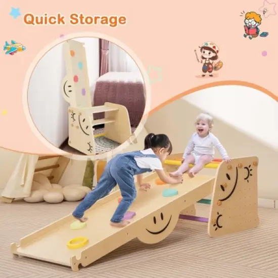 Costway Wooden Climbing Toy Triangle Climber Set of 2 with Seesaw Dual-sided Ramp Indoor Colorful image {7}