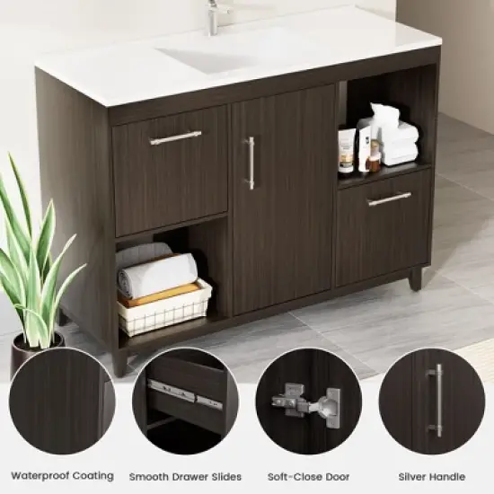 HYLEORY 48.03 in. W X 18.11 in. D X 35.04 in. H Basin Vanity with White Marble Top, Drawers and Open Shelf image {5}