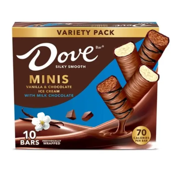 DOVE Minis Frozen Ice Cream Bars Variety Mix Vanilla and Chocolate Ice Cream With Milk Chocolate - 10ct/7.5 fl oz image {1}