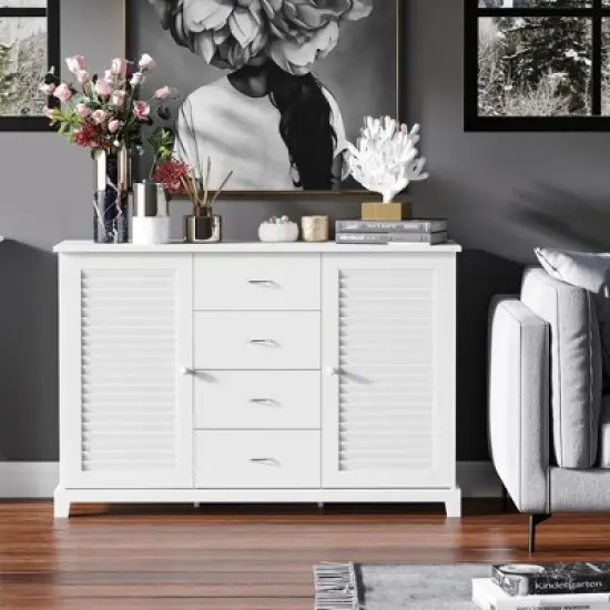 HOMCOM 47" Modern Storage Cabinet Buffet Sideboard with Drawers and Louvered Doors- White image {1}
