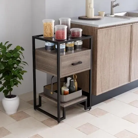 GustoWave 1PCS Nightstands with Storage Drawer, 3-Tier Shelving,  for Bedroom, Dorm，Black and Rustic Brown image {5}