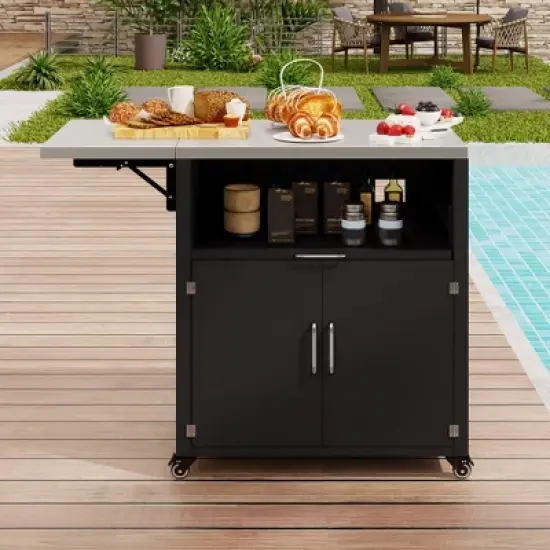 YOOCOZZ Outdoor Rolling Iron Cabinet with Folding and Extendable Work Surfaces, Ample Storage Space - Black image {1}