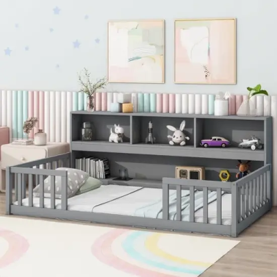 Okak Twin/Full Size Bed Frame with Bedside Bookcase & Guardrails,Storage Floor Bed for Toddlers/Kids Bedroom image {5}