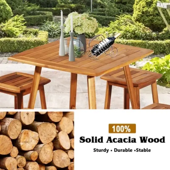 Costway 5PCS Acacia Patio Dining Set W/Square Table & 4 Stools Reddish Brown image {5}