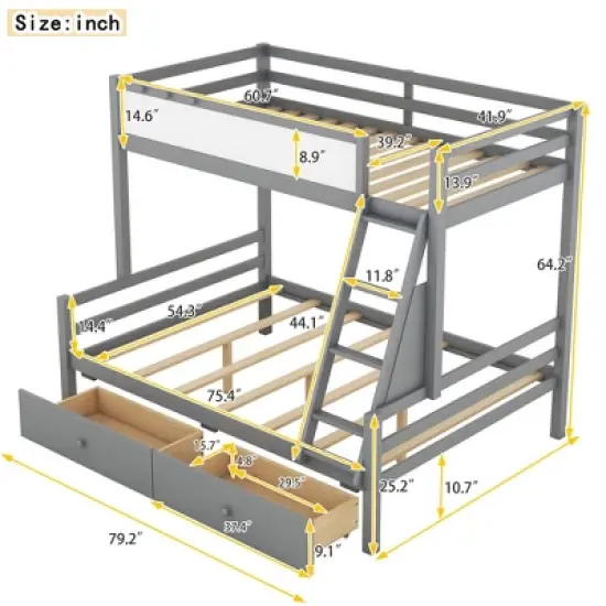 Twin over Full Bunk Bed with Whiteboard, 3 Hooks and 2 Drawers-ModernLuxe image {2}
