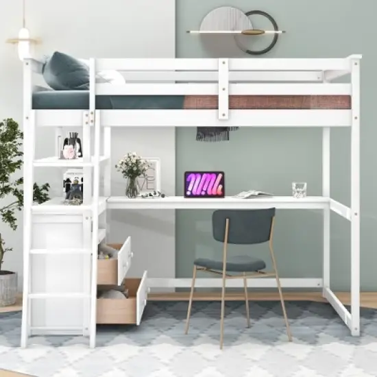 Full Size Loft Bed with Desk, Shelf and Two Built-in Drawers - ModernLuxe image {1}