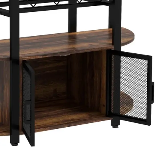 HOMCOM Wine Cabinet with Charging Station and LED Lights, Bar Cabinet with Wine Racks, Glass Holders, Mesh Doors and Open Shelves, Rustic Brown image {5}