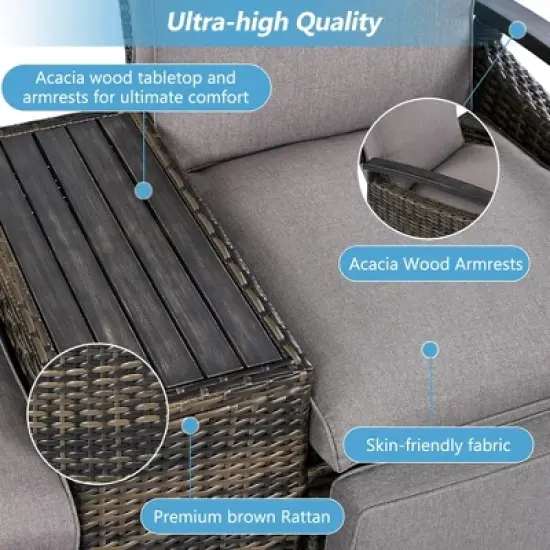 Whisen Patio Recliner Loveseat Chair, Adjustable Backrest Wicker Outdoor Lounge Chair Set with Acacia Wood Armrests and Built-in Storage Table image {5}