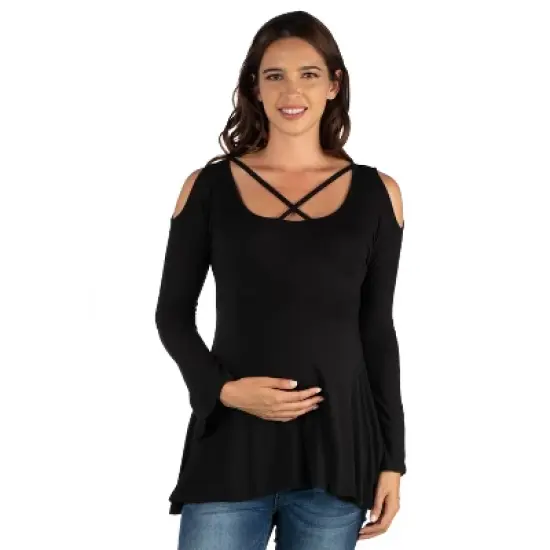 24seven Comfort Apparel Long Sleeve Maternity Criss Cross Cold Shoulder Top image {4}