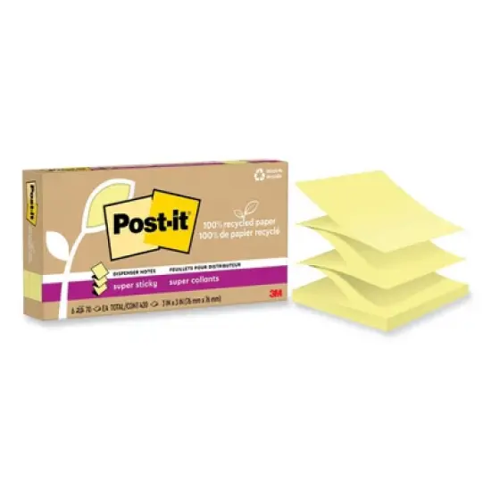 Post-it Notes Super Sticky 100% Recycled Paper Super Sticky Notes, 3" x 3", Canary Yellow, 70 Sheets/Pad, 6 Pads/Pack image {4}
