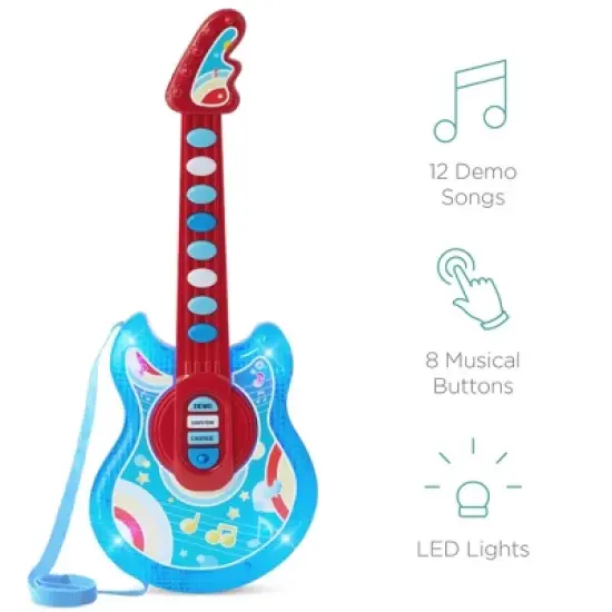 Best Choice Products 19in Kids Flash Guitar, Pretend Play Musical Instrument Toy for Toddlers w/ Mic, Stand - Blue image {3}