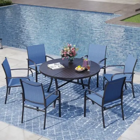 Captiva Designs 7pc Black Round Slatted Steel Table with Umbrella Hole & Textilene Chairs image {15}