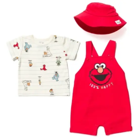 Sesame Street Elmo Baby French Terry Short Overalls T-Shirt and Hat 3 Piece Outfit Set Newborn to Infant image {11}