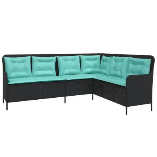 vidaXL Outdoor L-Shaped Garden Sofa - Black Poly Rattan Patio Couch with Turquoise Cushions - 87"x64.2" image {9}