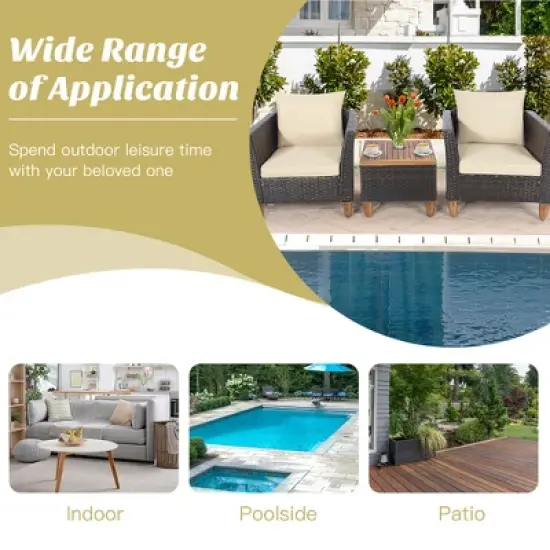 Costway 3PCS Patio Wicker Rattan Sofa Set Furniture Outdoor Acacia Wood Conversation image {7}