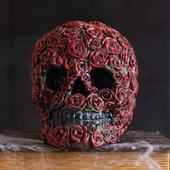 Transpac Light Up Skull with Roses Decorative Figurine for Halloween Tabletop Decor Battery Operated Unique Gift image {1}