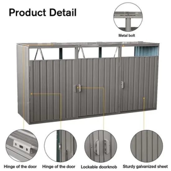 Outdoor Garbage Bin Shed for 3 Trash Cans, Stainless Galvanized Steel Bin Shed W/Lifting Lids Lockable Doors, Ventilated Storage Shed for Garden Yard image {1}
