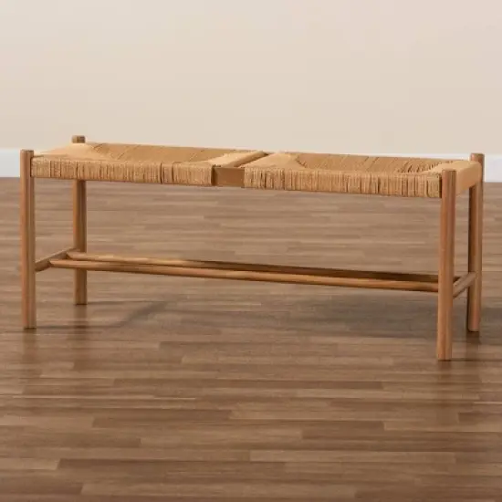 Saura Oak Wood Hemp Dining Bench Brown - Baxton Studio image {8}