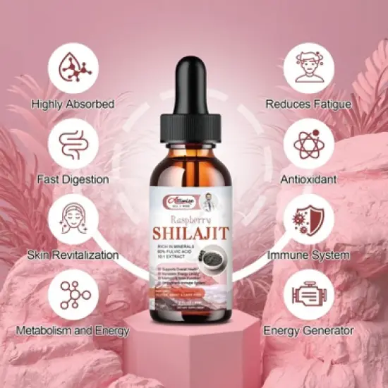Alliwise Pure Himalayan Shilajit Resin Liquid Drops for Energy & Immune Support - 2 Fl.oz (Raspberry Flavor) image {3}