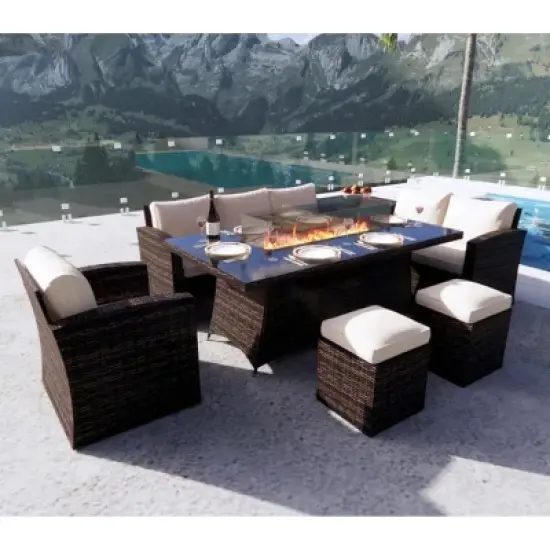 Moda Furnishings 6 - Person Wicker Patio Dining Set with Rectangular Table, Cushions Included image {1}