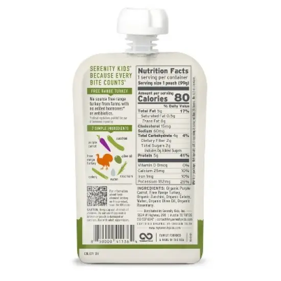 Serenity Kids Free Range Turkey & Rosemary with Organic Purple Carrots, Zucchini & Celery Baby Food Pouch - 3.5oz image {1}