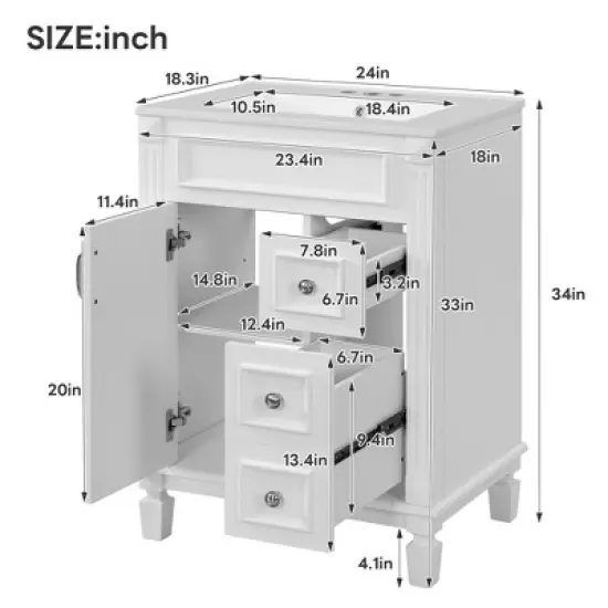 LOVSON 24'' Modern Bathroom Vanity with Ceramic Sink, 2 Drawers, Compact Bathroom Cabinet, White image {2}