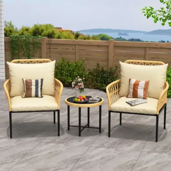 Bistro Set, All-Weather Wicker Patio Conversation Set, Outdoor Sectional Furniture Chairs with Coffee Table & Cushions image {7}