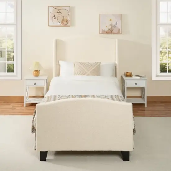 Twin/Queen/King Size Platform Bed Frame with Upholstered Headboard, Teddy Velvet, Ivory White - ModernLuxe image {1}