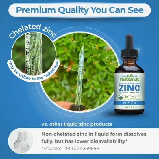 Why Not Natural Organic Liquid Zinc Drops Supplement with Chelated Picolinate and Bisglycinate, Vegan image {2}