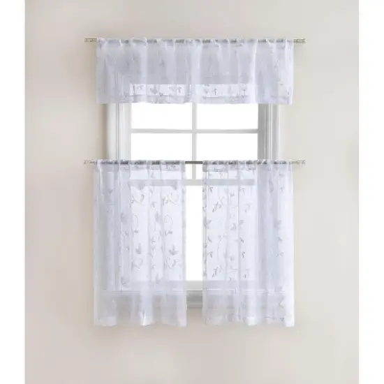 Kate Aurora Floral Embroidered Sheer Rod Pocket Kitchen Curtain Tier & Valance Set image {4}
