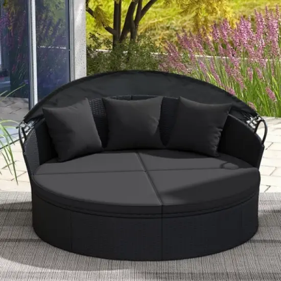 Tangkula Patio Round Daybed Wicker Daybed w/ Retractable Canopy Separated Seating Sectional Sofa image {2}