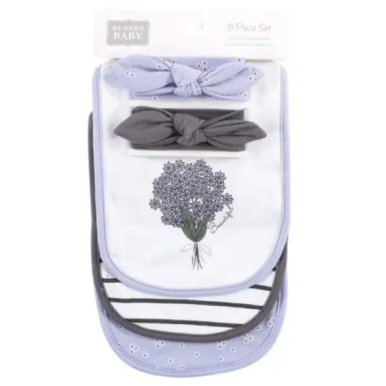 Hudson Baby Infant Girl Cotton Bib and Headband Set 5pk, Periwinkle, One Size image {1}