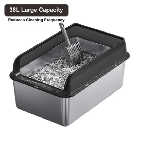 XL Stainless Steel Litter Box with Lid, Litter Box for Big Cats with Sifter Scoop and Double Layer Litter Mat, 8" Deep Metal Cat Litter Box image {2}