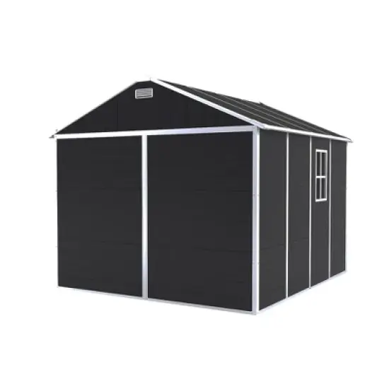 8*8ft resin storage shed, high quality pp material, strong structure, waterproof, rust and UV proof, large storage space,12mm thick pp board,Dark gray image {14}