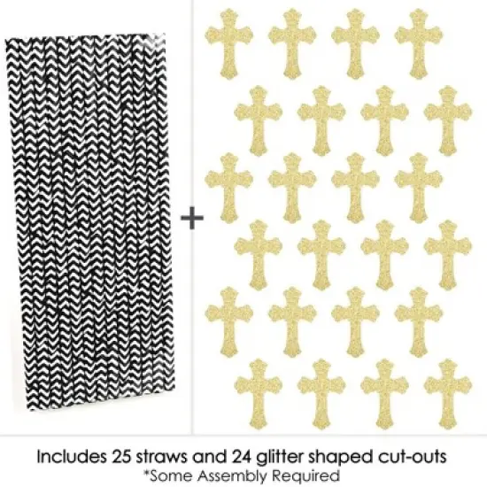 Big Dot of Happiness Gold Glitter Cross Party Straws - No-Mess Real Glitter Cut-Outs & Decorative Baptism or Baby Shower Paper Straws - Set of 24 image {3}