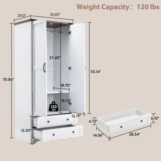 Brafabhome Farmhouse 4 Doors Armoire Wardrobe Closet, 71" Tall Freestanding Wardrobe Clothes Cabinet with Drawers and Hanging Rod for Bedroom image {1}